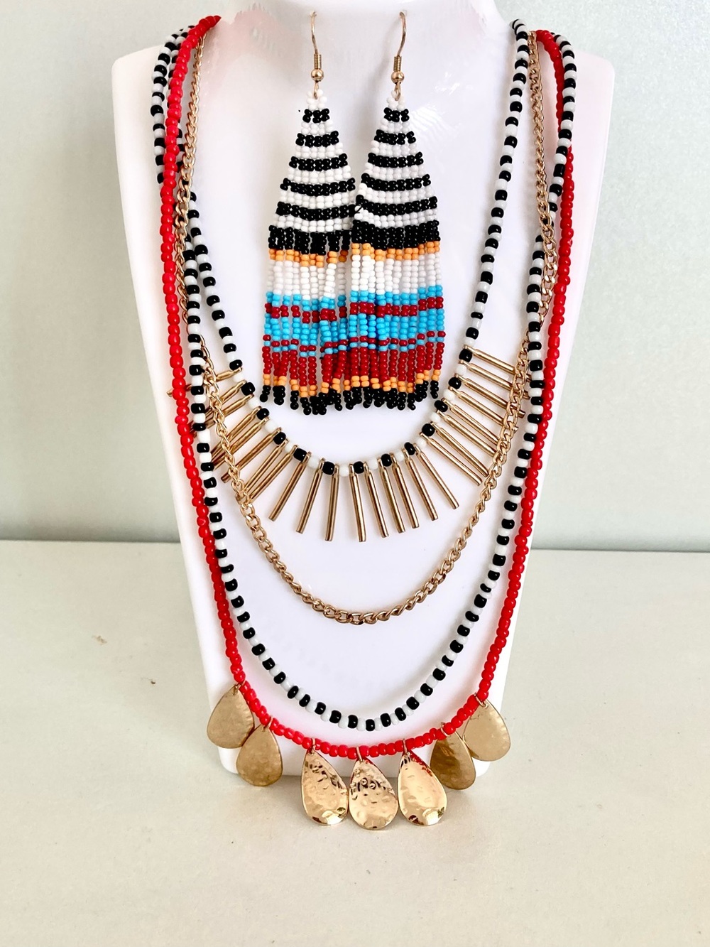 Layered Beaded Statement Necklace Set with Fringe Earrings nwot boho jewelry